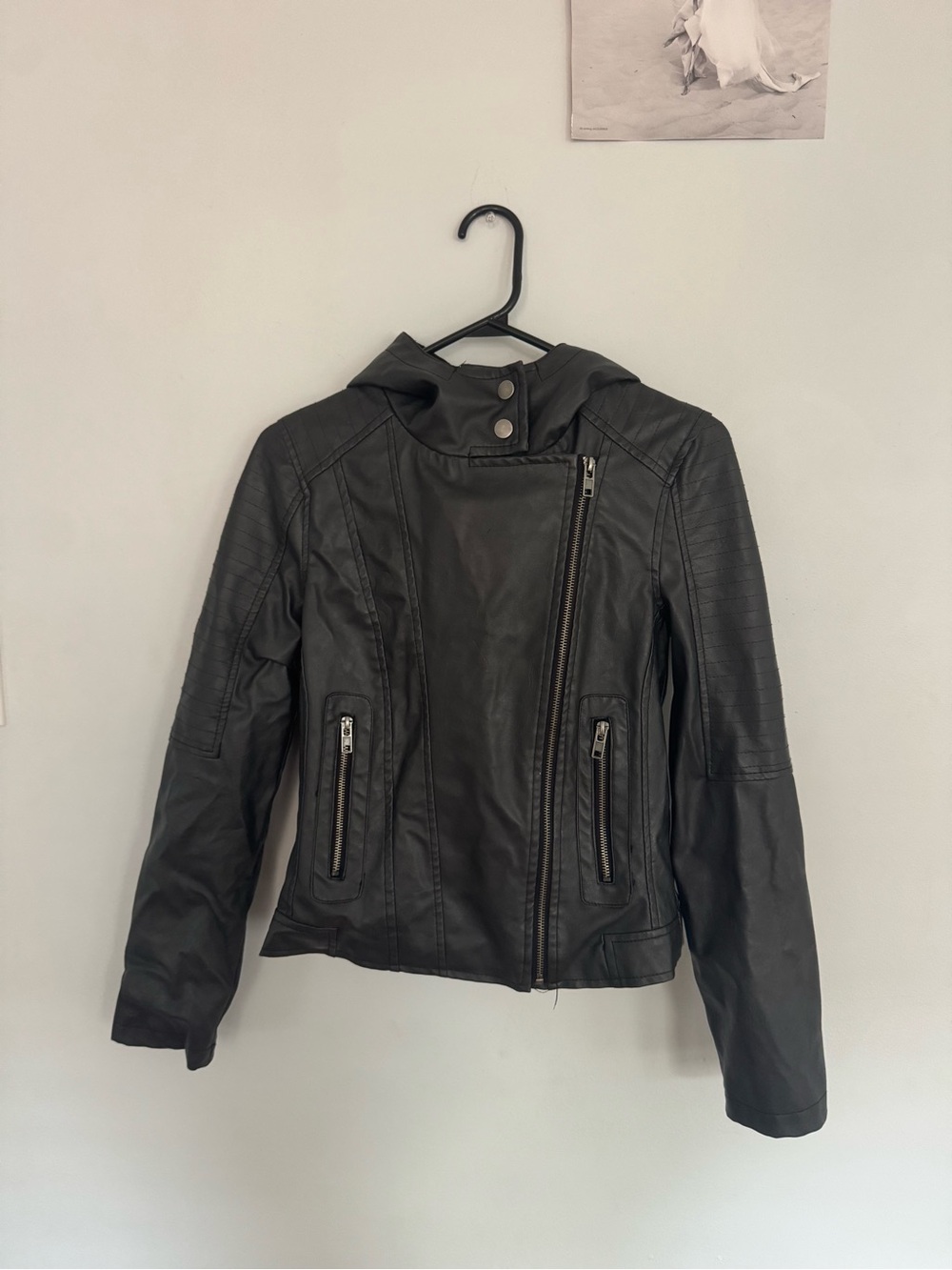 New Look Black Hooded Faux Leather Biker Jacket